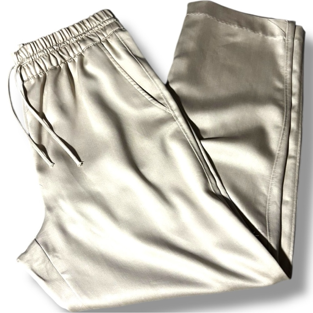 H&M Beige/Cream Soft Comfy High Drawstring Waist Satin Cropped Trousers - Picture 12 of 13